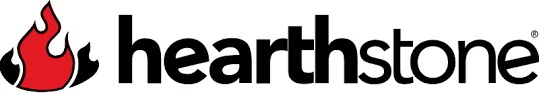 Logo with the word hearthstone in black letters, featuring a stylized red and black flame design on the left side.